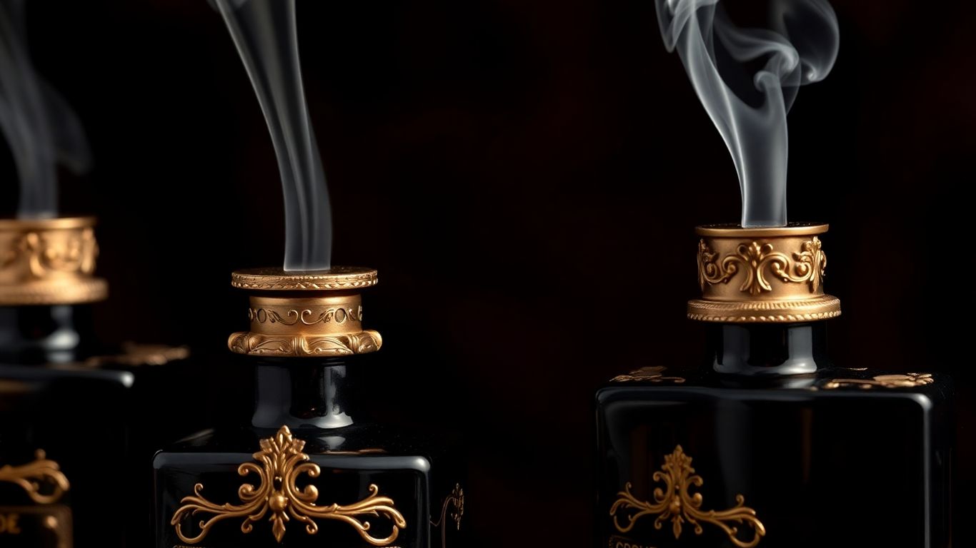 Ornate Middle Eastern perfume bottles with fragrant smoke.