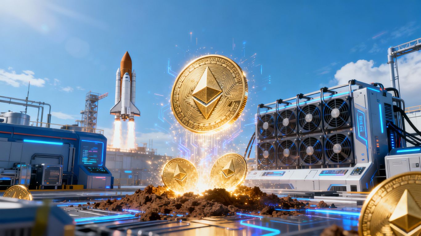 Ethereum coins and digital mining facility with rocket backdrop