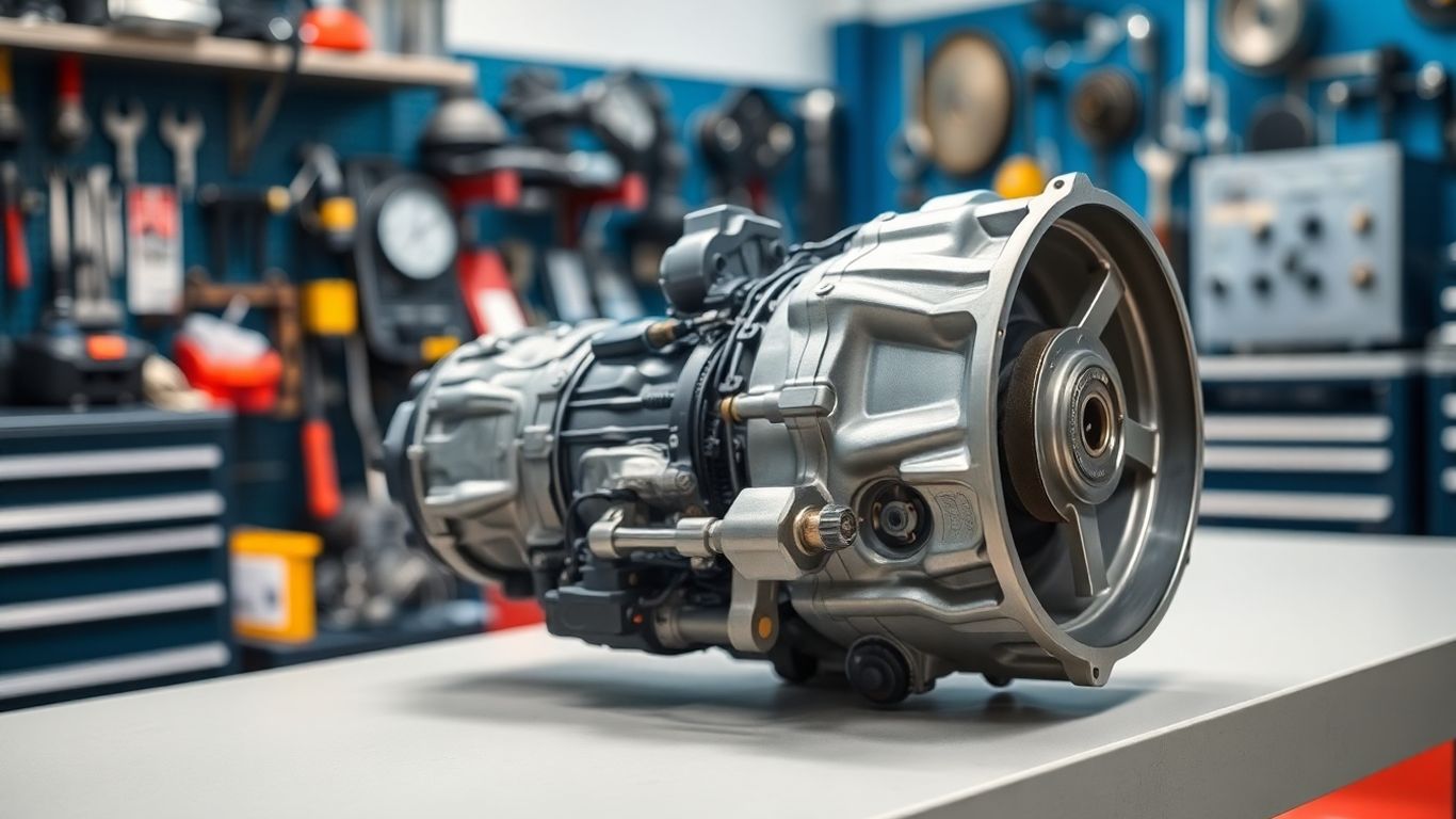 Volkswagen Passat transmission on workshop bench with tools