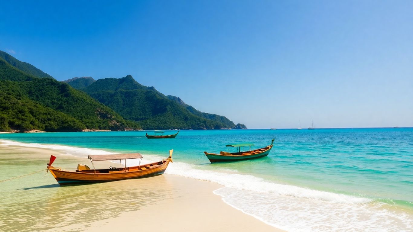Labuan Bajo, Indonesia coastal view with boats.