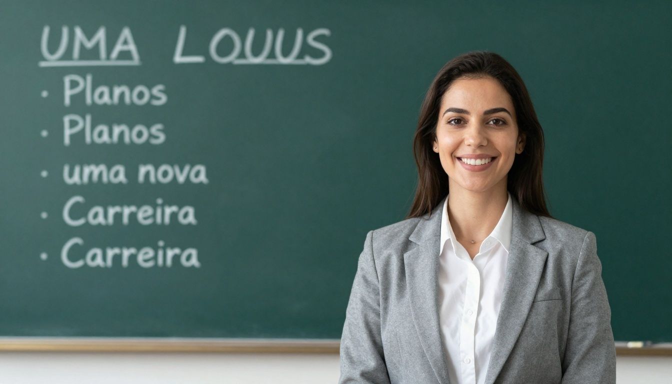 Pessoa sorrindo à frente de uma lousa com planos para uma nova carreira, representando reinvenção profissional