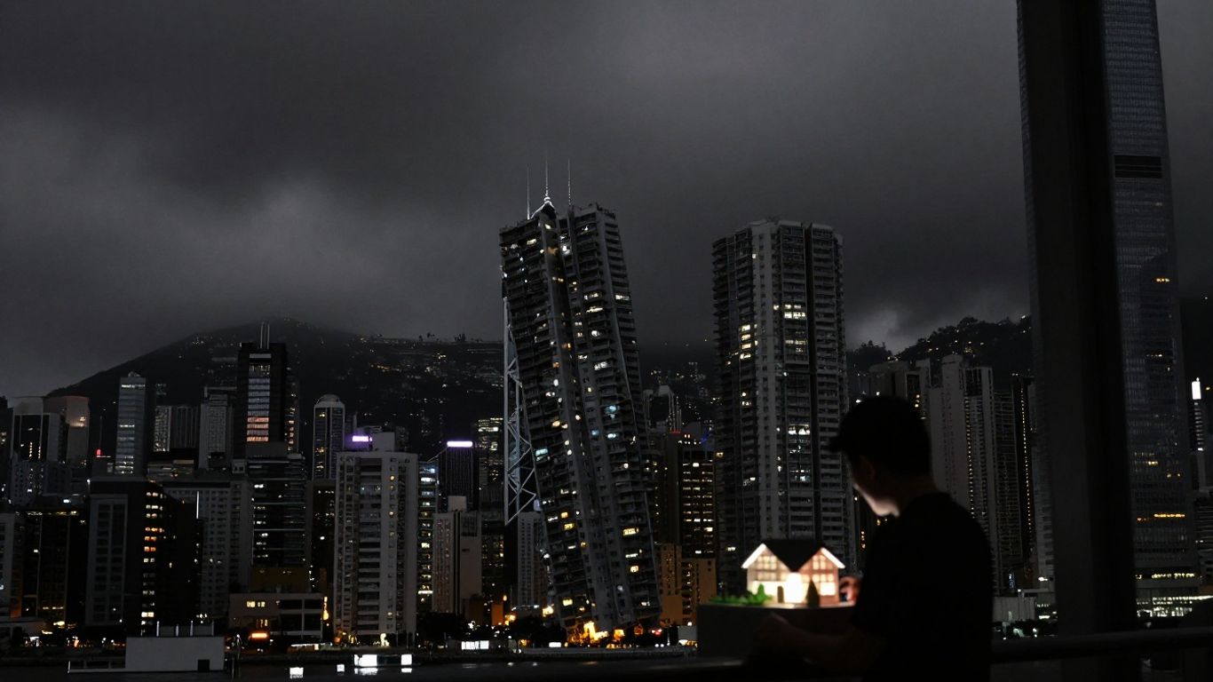 Hong Kong skyline with a tilted building and a shadowy figure.