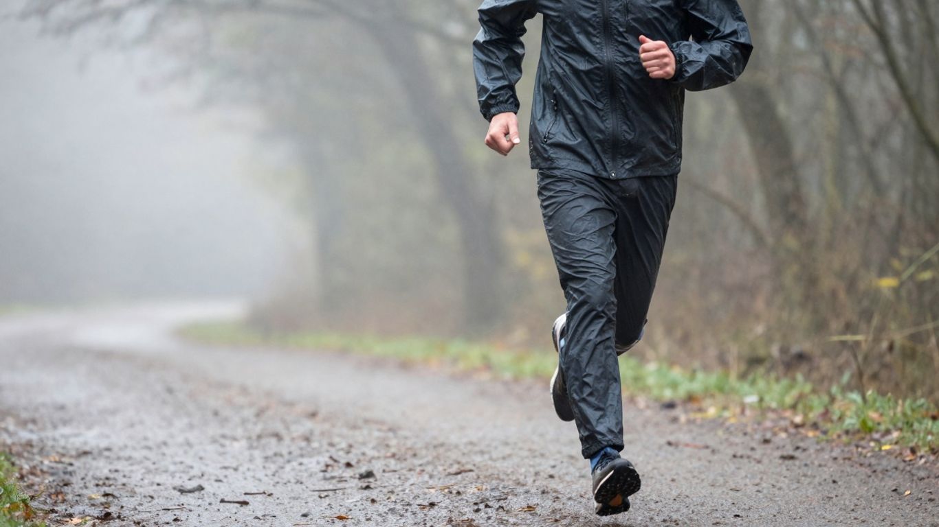 Man running in waterproof jacket during rain.