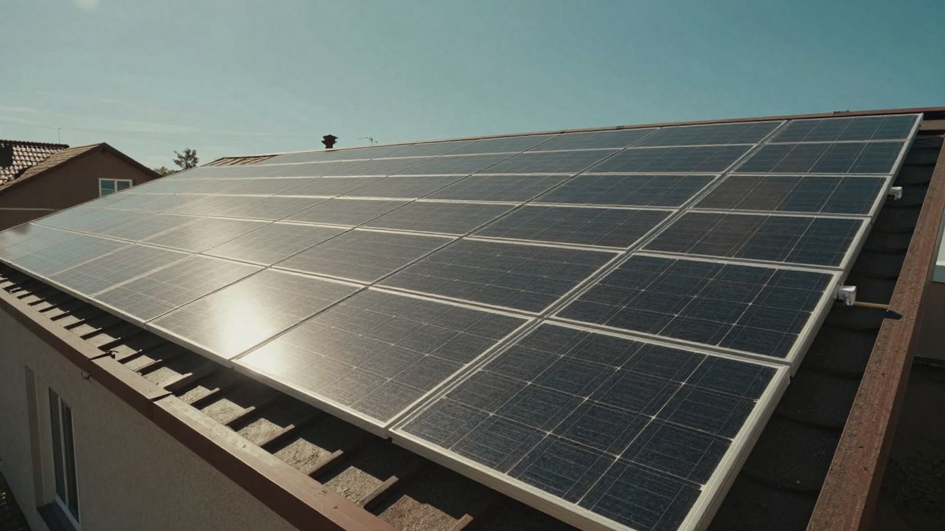 Panneaux solaires sur un toit résidentiel sous le soleil.