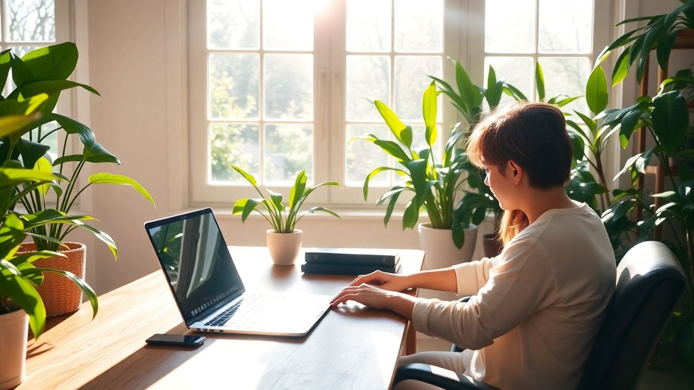 Person working remotely in a calm home office.