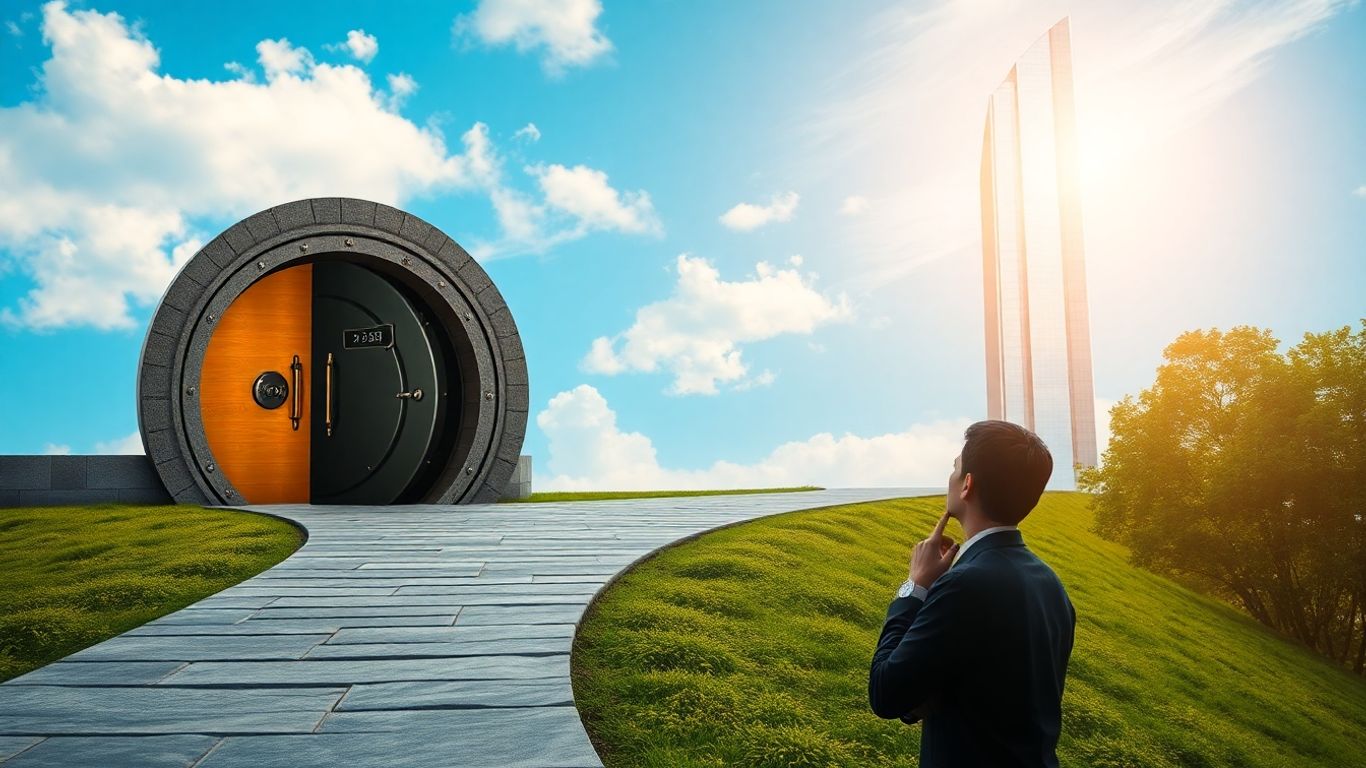 Investor choosing between safe vault and high-return skyscraper.