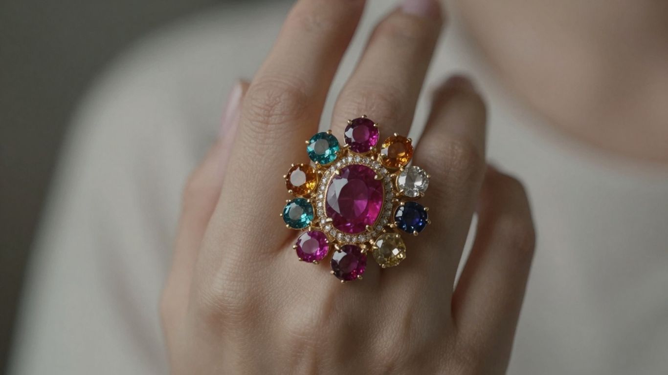 Woman's hand wearing a Navaratna gemstone ring.