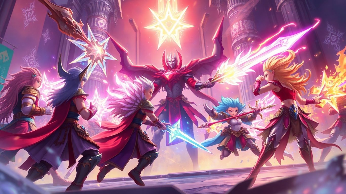 Fantasy characters battling in a vibrant, game-like digital realm.