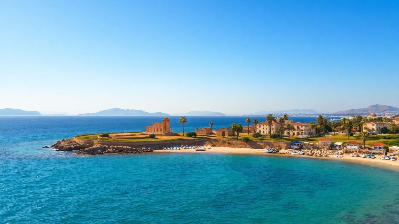 Ancient ruins and turquoise waters in Paphos, Cyprus.