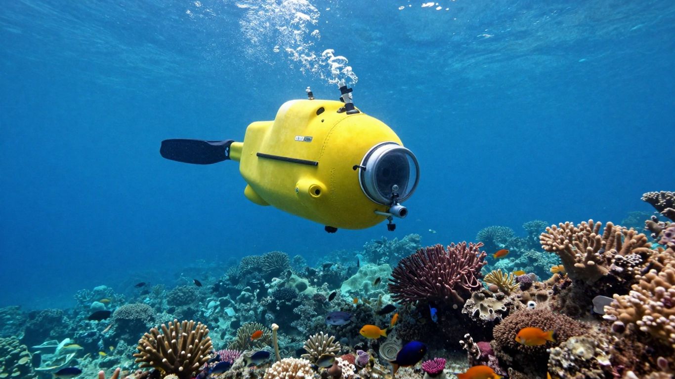 Submersible exploring a coral reef with fish.