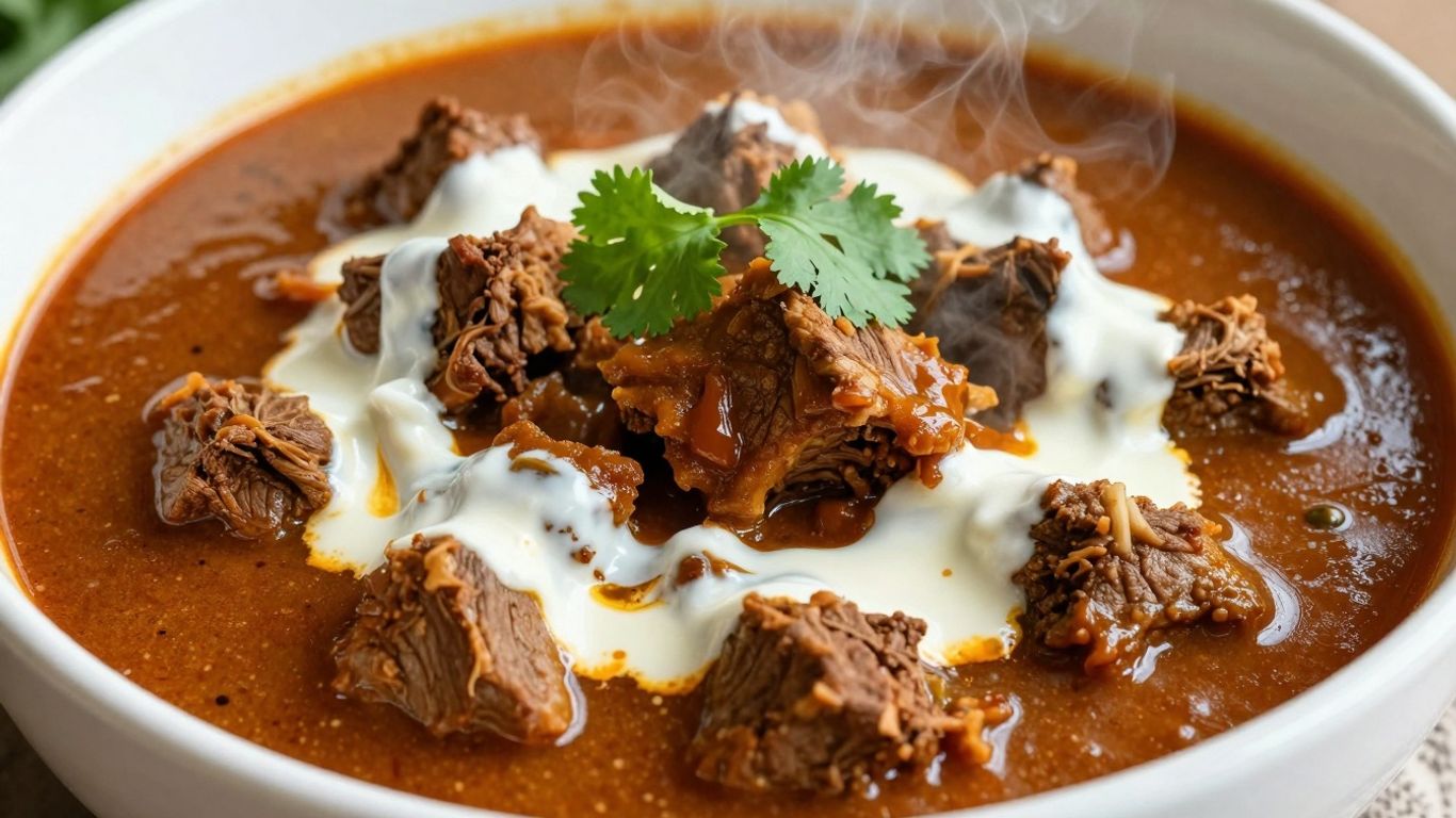 Steaming bowl of mutton curry with cilantro garnish.