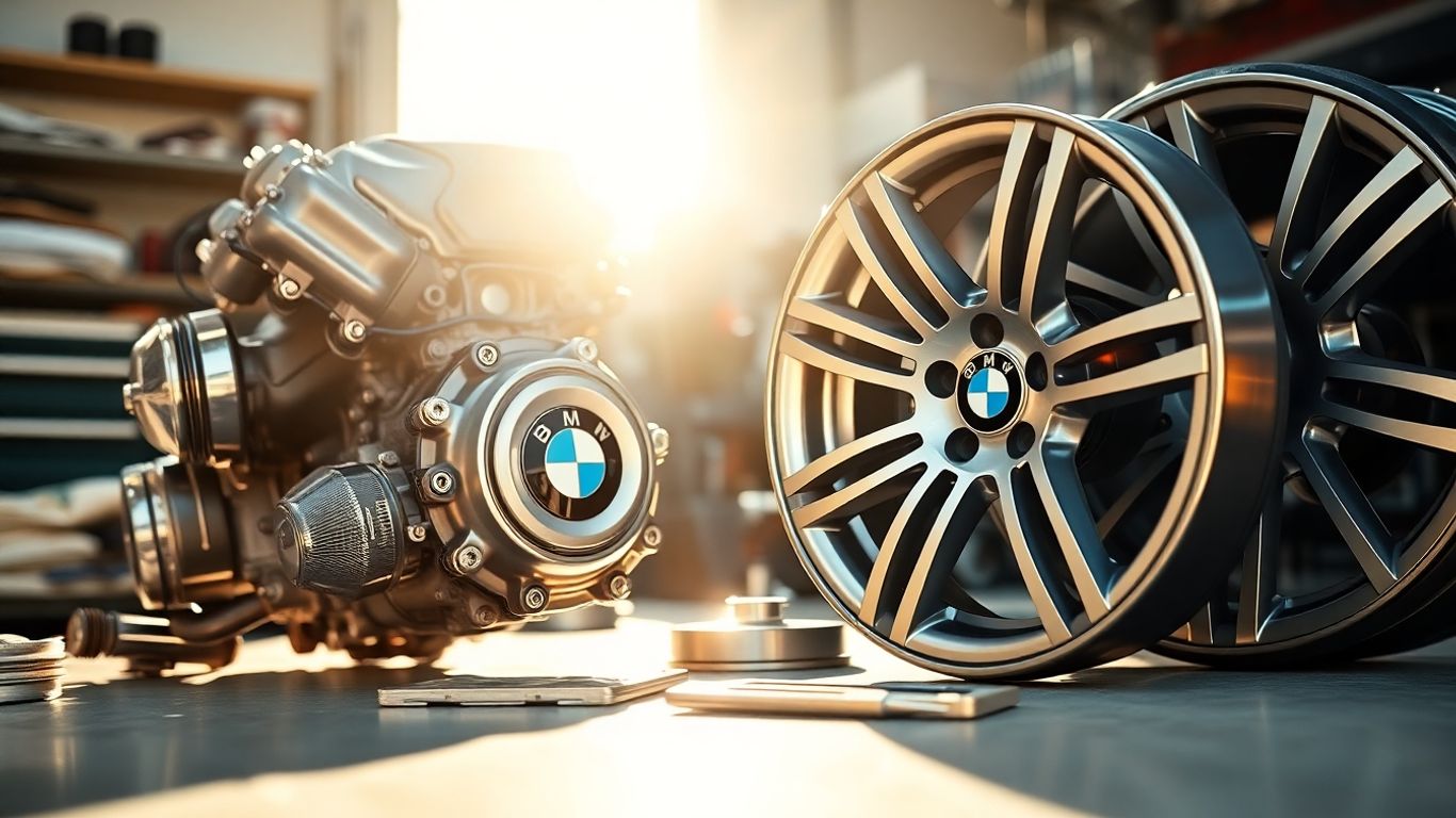 BMW spare parts and alloy wheels on a workshop surface.