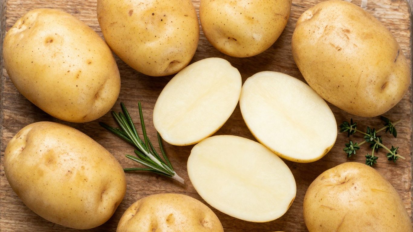 Biologische aardappelen op een houten plank met kruiden.
