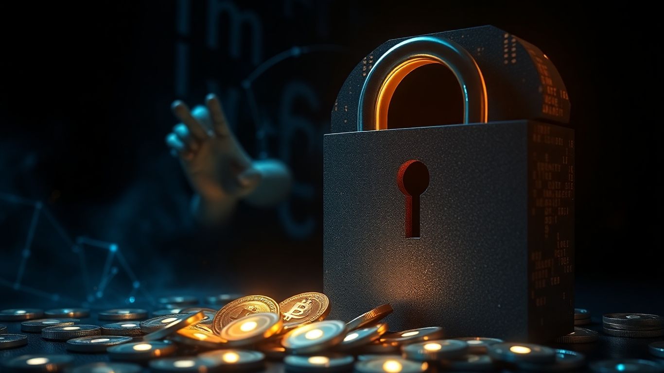 Cracked digital lock with cryptocurrency coins and shadowy figure.