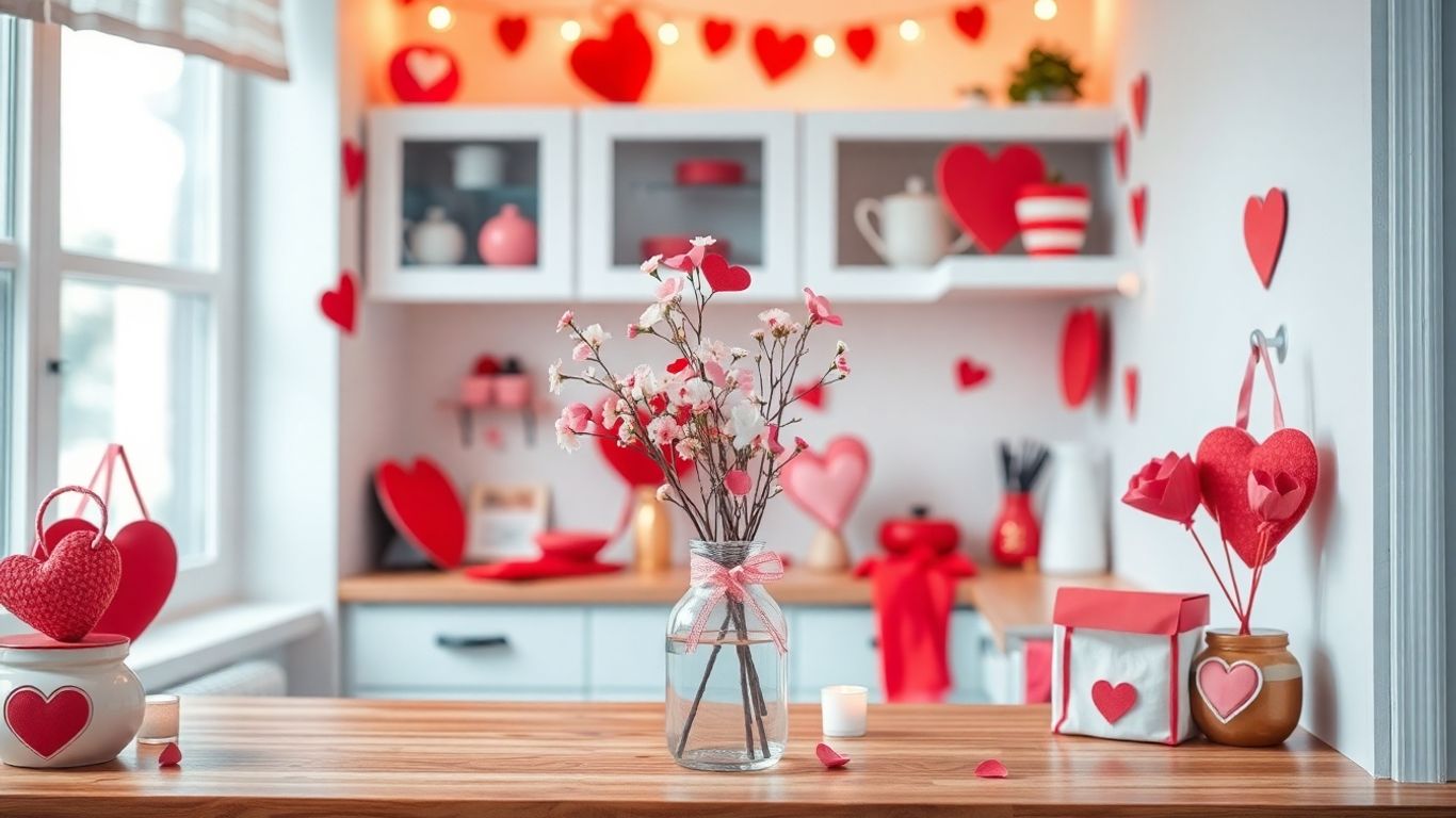Cozy kitchen with Valentine's Day decor and flowers.