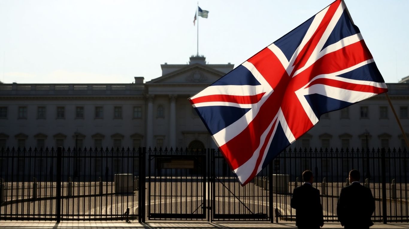 UK border fence with British flag and government building.