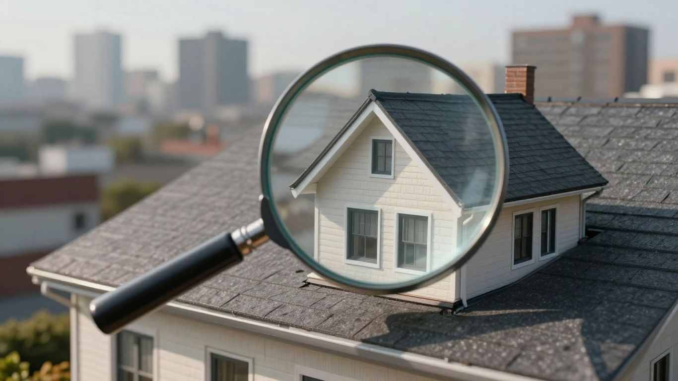 House with magnifying glass over roof, property valuation