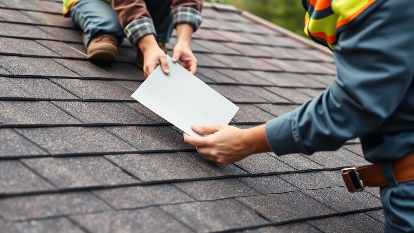 Roofer inspecting shingles, holding material sample.