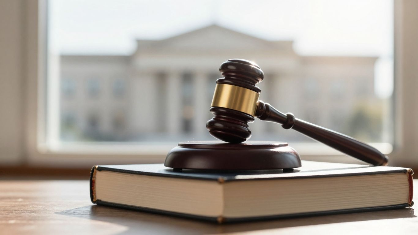 Gavel on books with government building background.