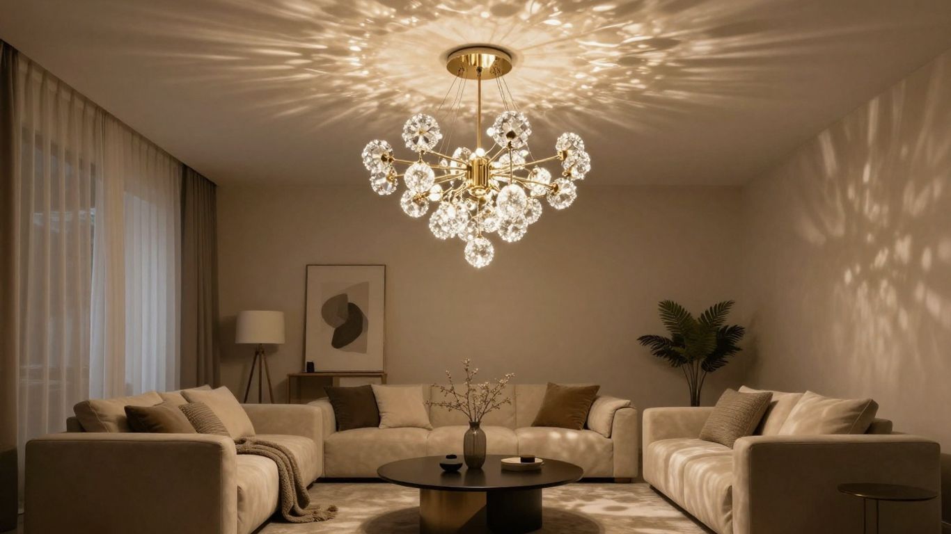 Contemporary chandelier light illuminating a modern living room.