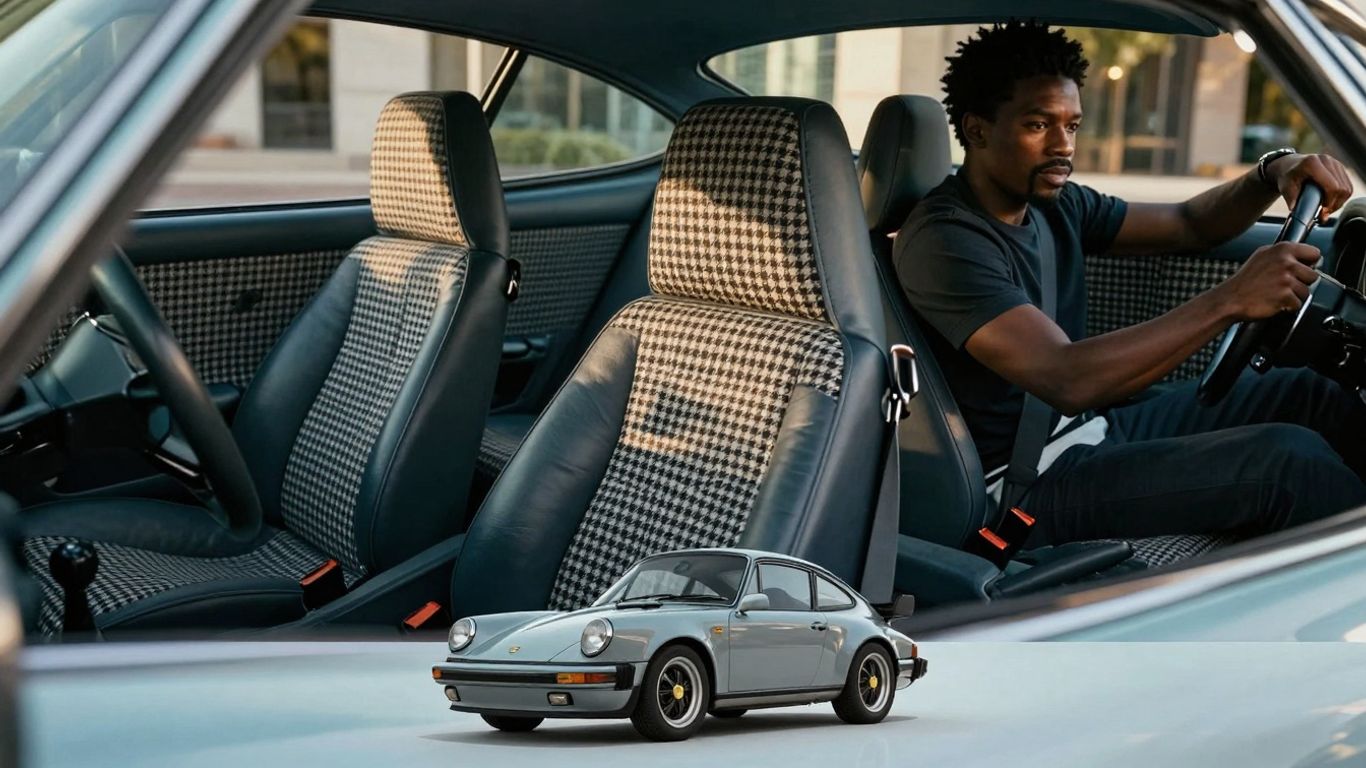 Porsche interior with classic houndstooth fabric seats.