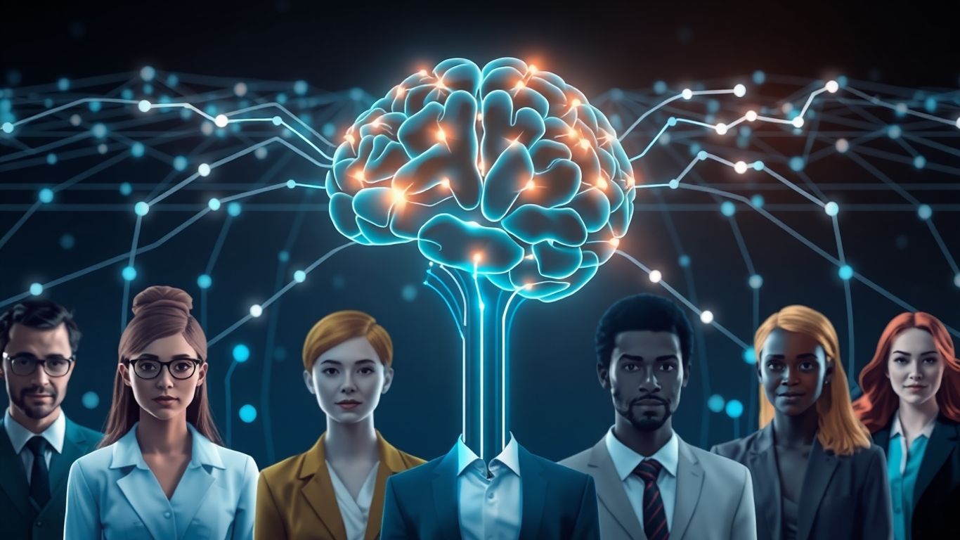 AI brain connecting professional figures in a digital network.