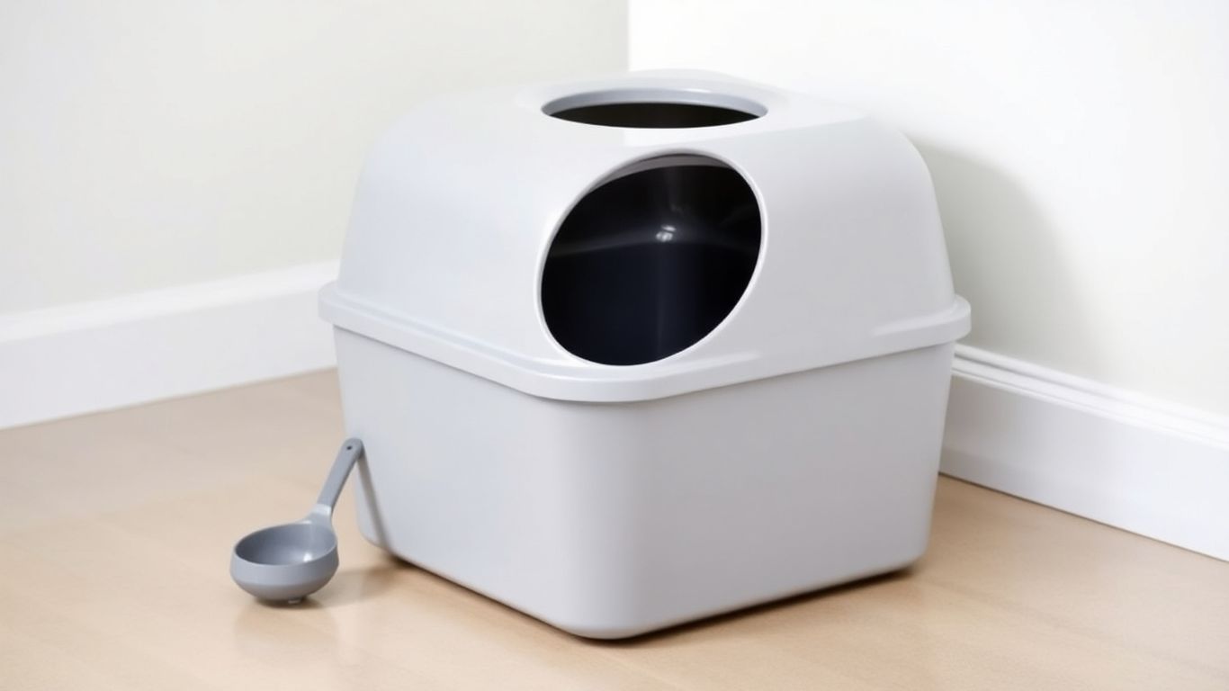 Modern gray top-entry litter box with scoop