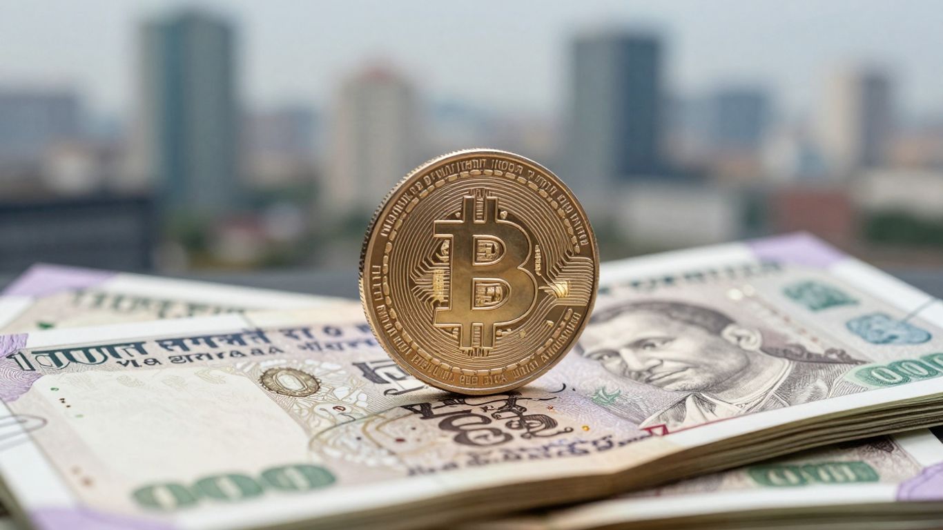 Cryptocurrency and Indian Rupee notes with cityscape background.