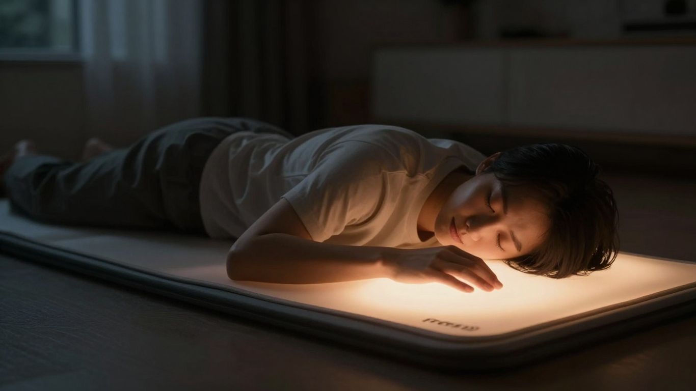 Person sleeping on PEMF mat for deep sleep.