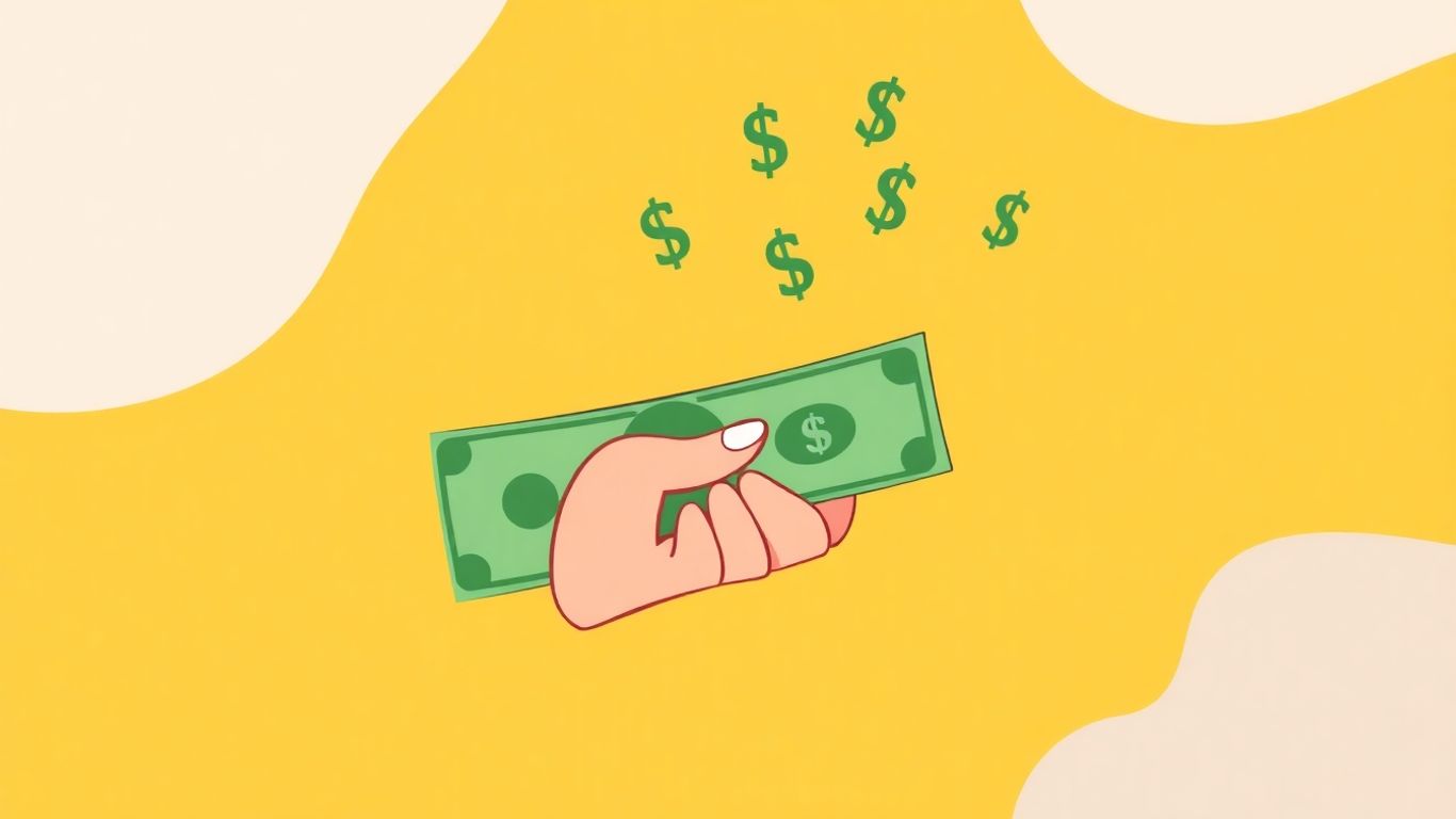 Cartoon hand holding cash with dollar signs.