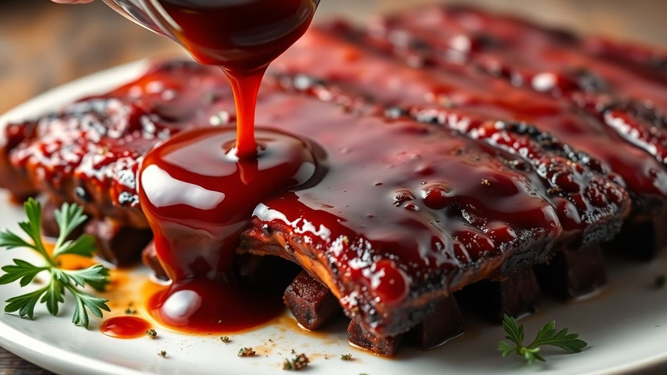 Barbecue sauce drizzled on ribs with fresh herbs.