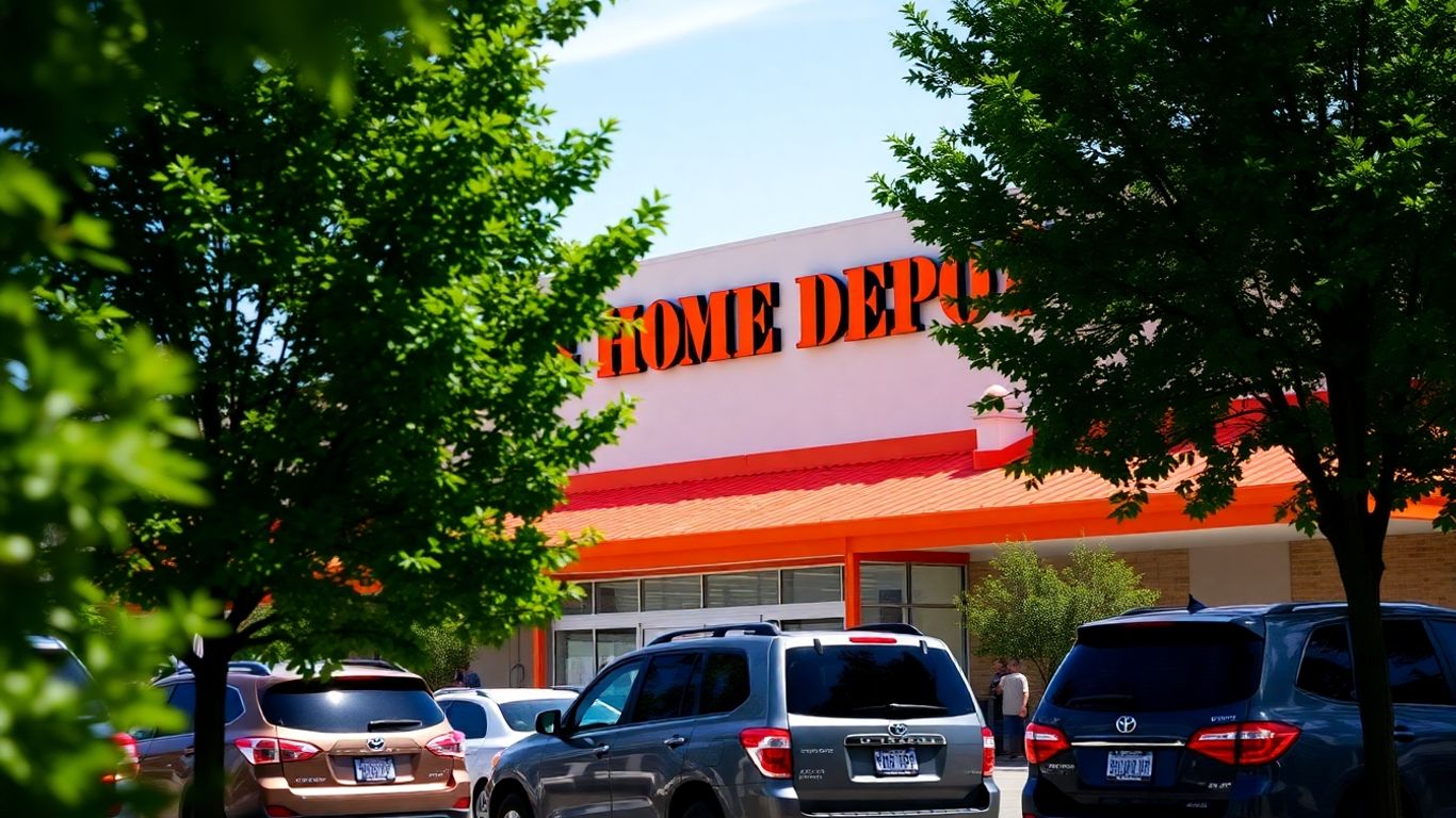 Home Depot store exterior with parked cars and trees.