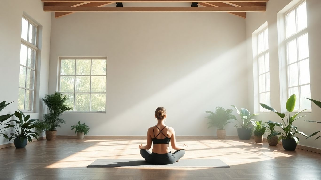 Peaceful yoga studio with natural light and plants.