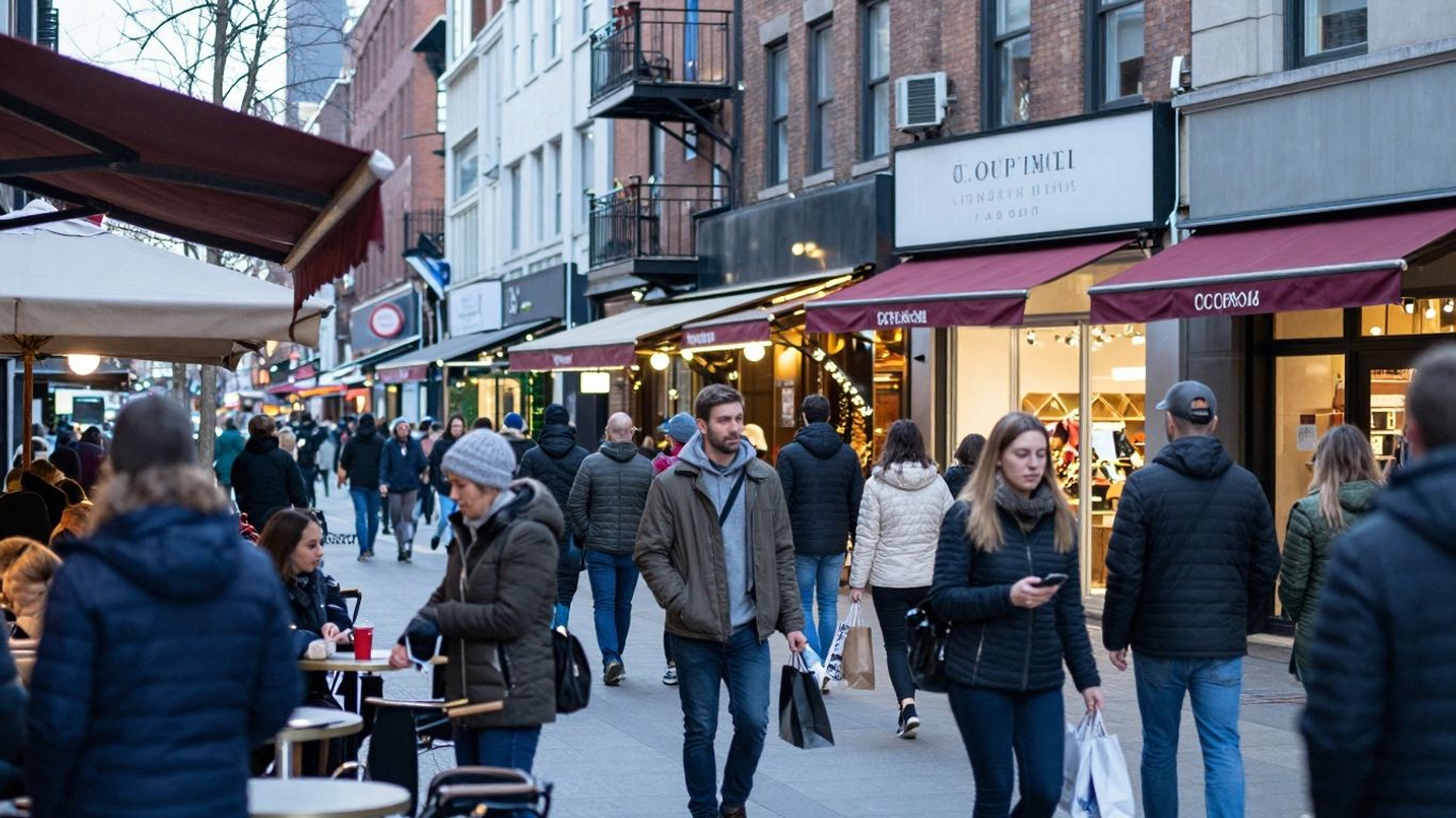 Pessoas trabalhando e comprando em um feriado em 2025.