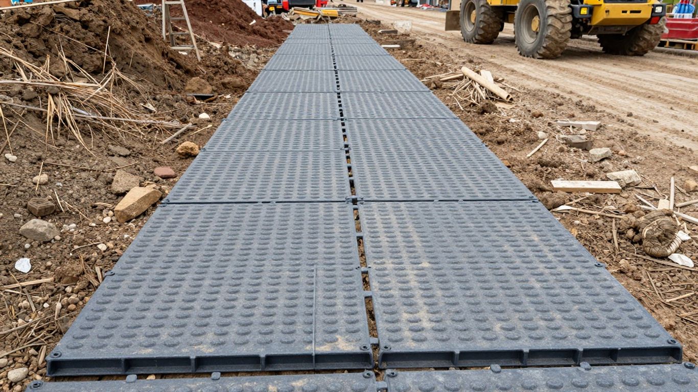 Robuste Kunststoff Fahrbahnplatten auf einer Baustelle