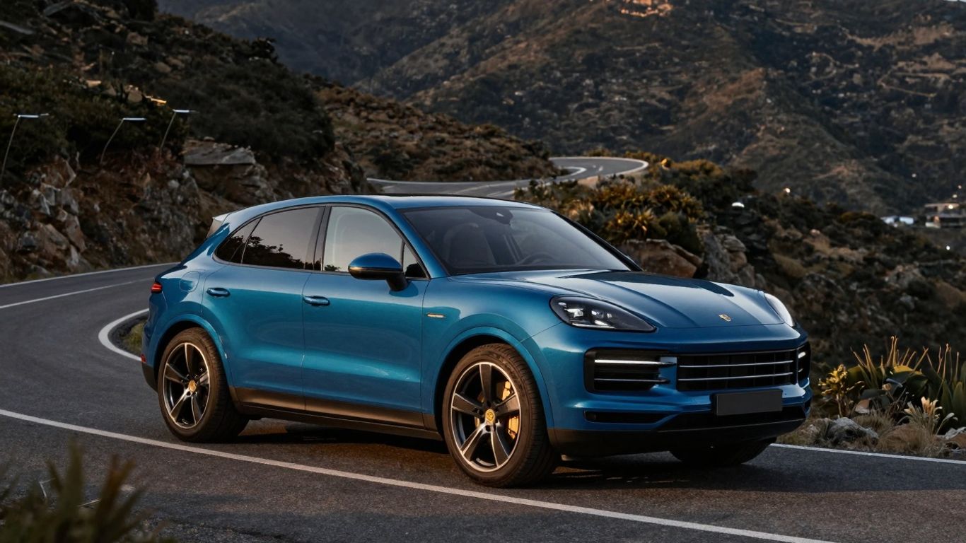 Electric Porsche Cayenne driving on a scenic road.