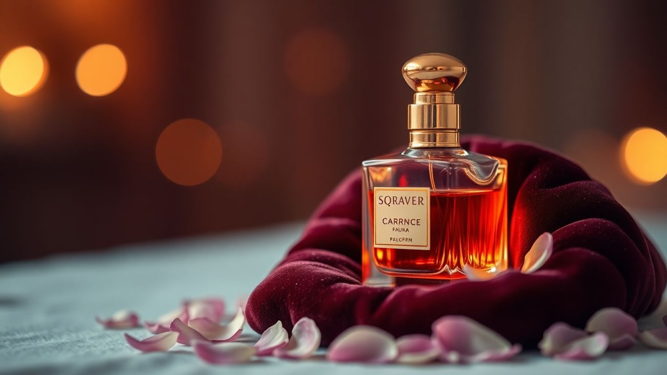 Elegant perfume bottle with flowers and soft lighting.