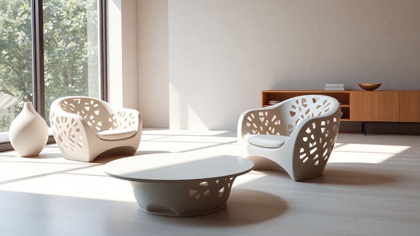 Móveis impressos em 3D em sala moderna.