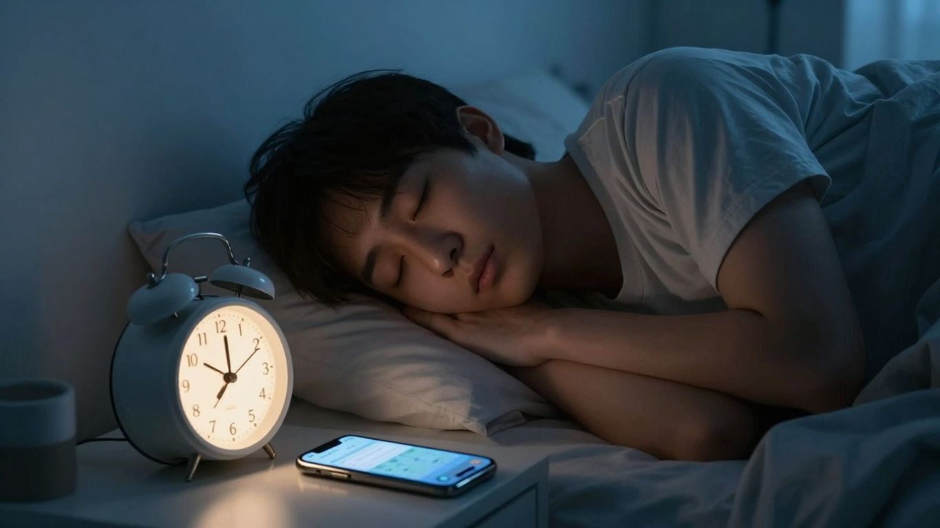 Person sleeping, alarm clock, smartphone, peaceful night