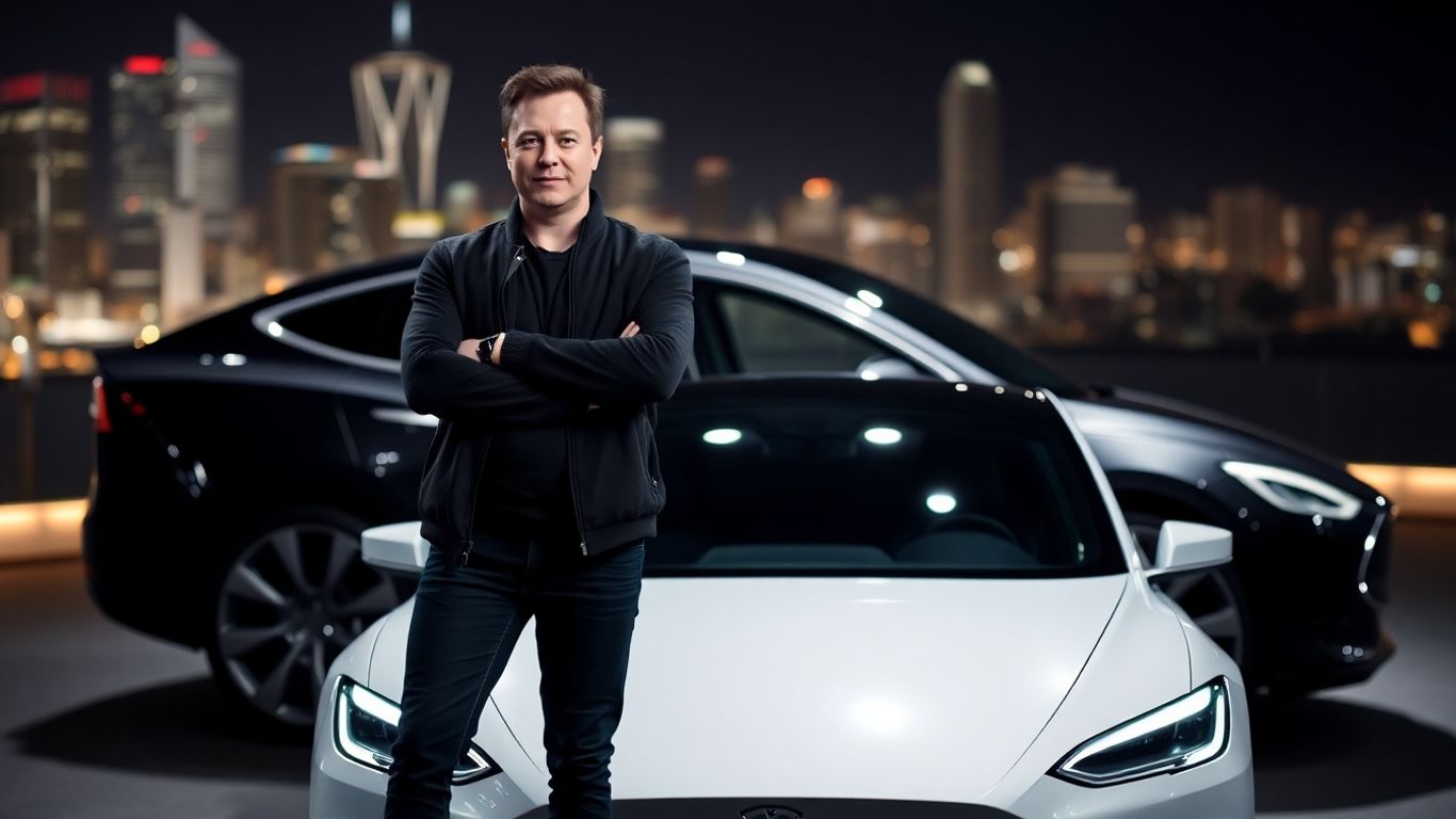 Elon Musk devant une voiture Tesla futuriste