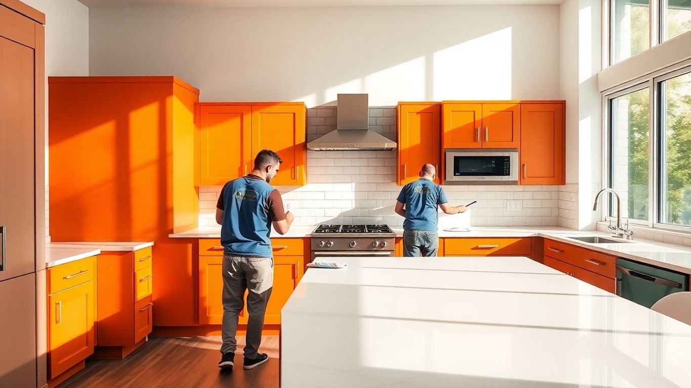 Painters refreshing colorful kitchen cabinets in bright modern kitchen.