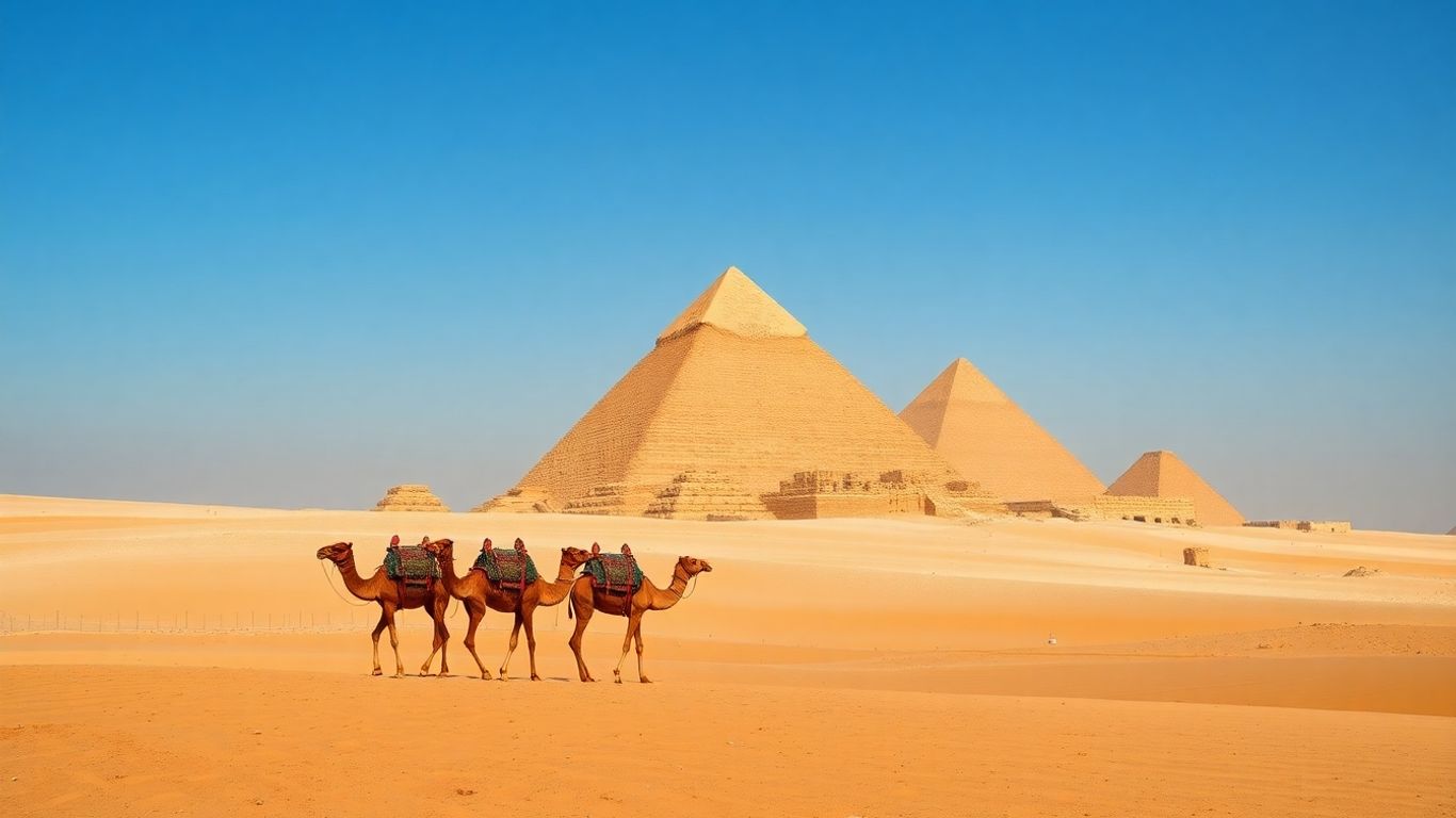 Pyramids of Giza with camels in the desert.