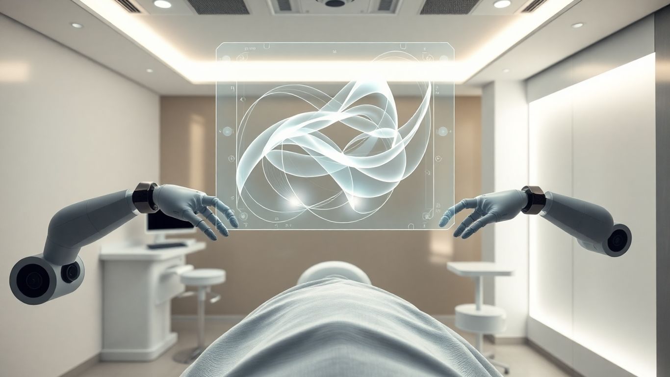 Modern clinic with robotic arms and holographic interface.