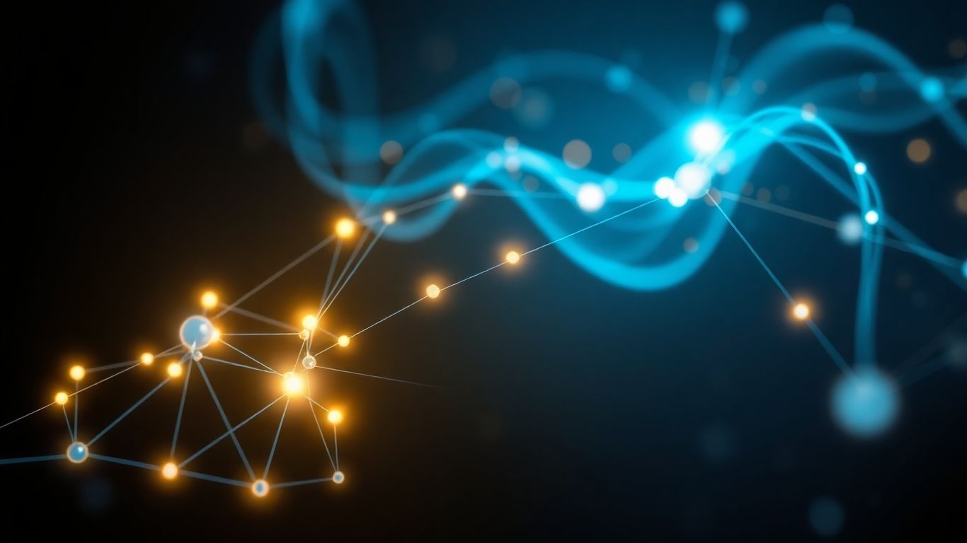 Abstract AI interaction with glowing nodes and light forms.