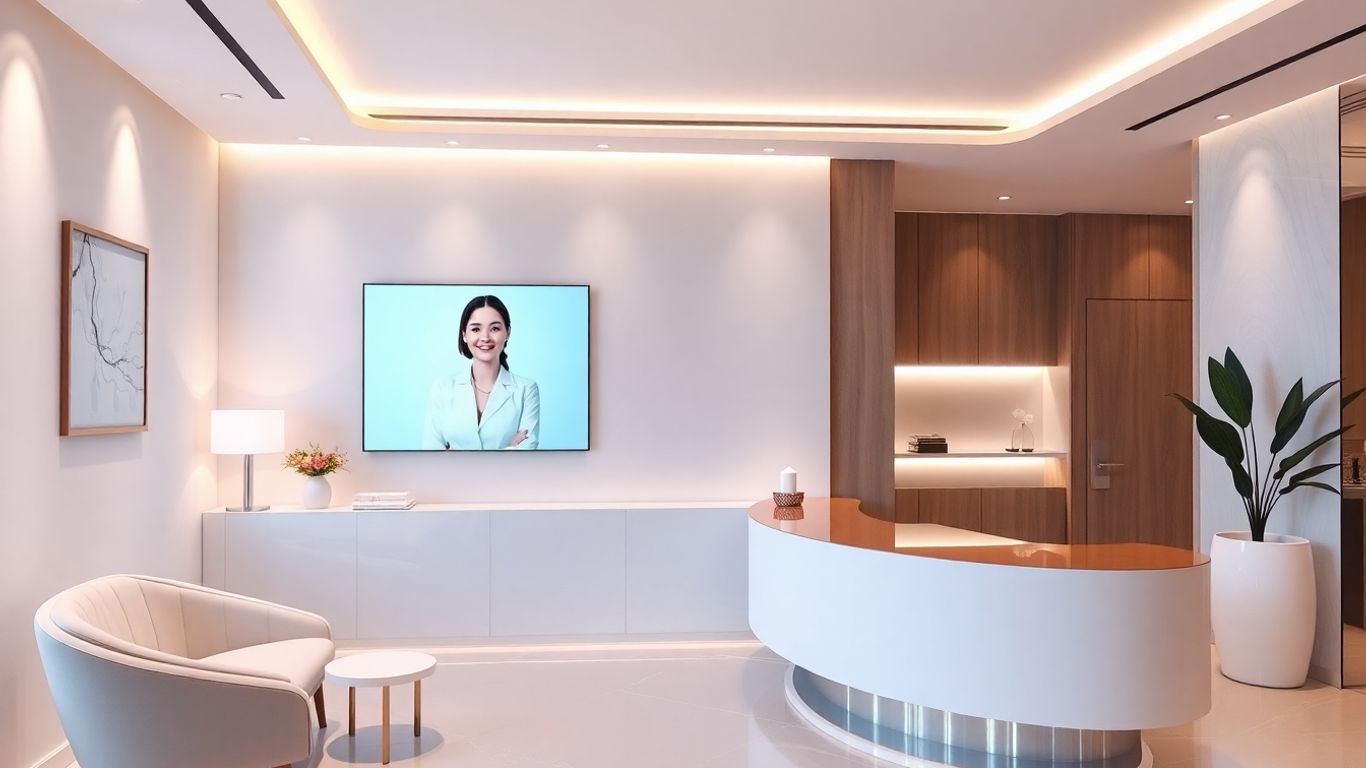 AI receptionist assisting a patient in a modern clinic.