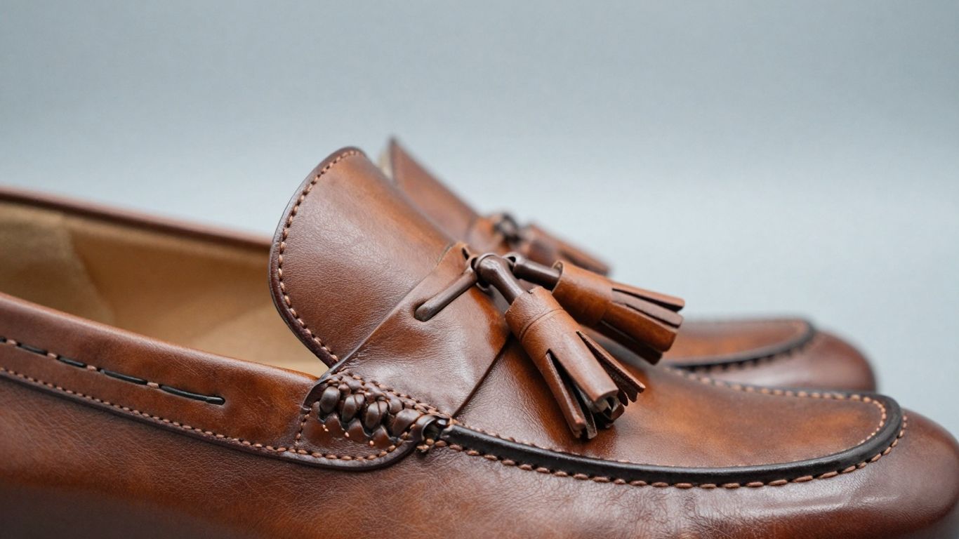 Classic brown leather tassel loafers with dangling tassels.