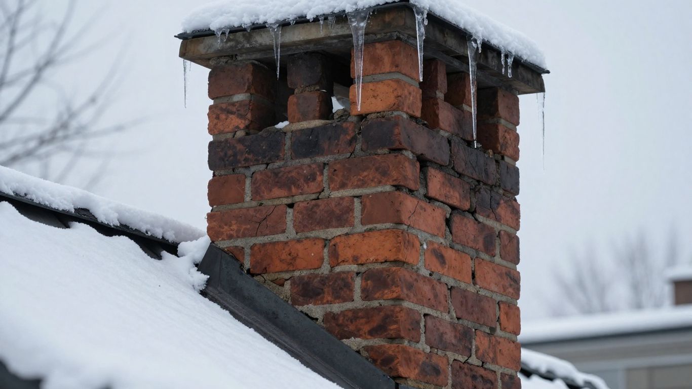 Winter chimney with cracks and icicles