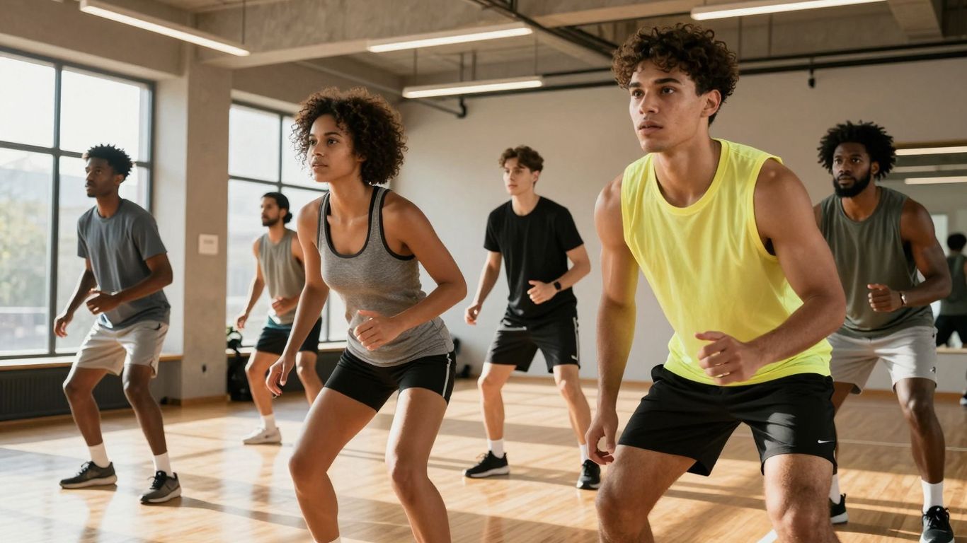 Ludzie w strojach sportowych w nowoczesnej sali gimnastycznej.