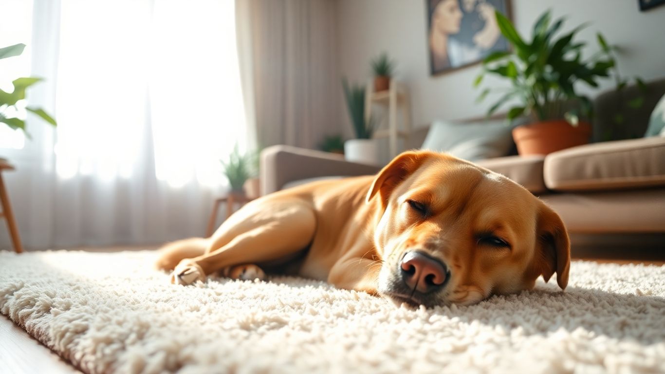 Calm dog resting peacefully in a sunlit room.