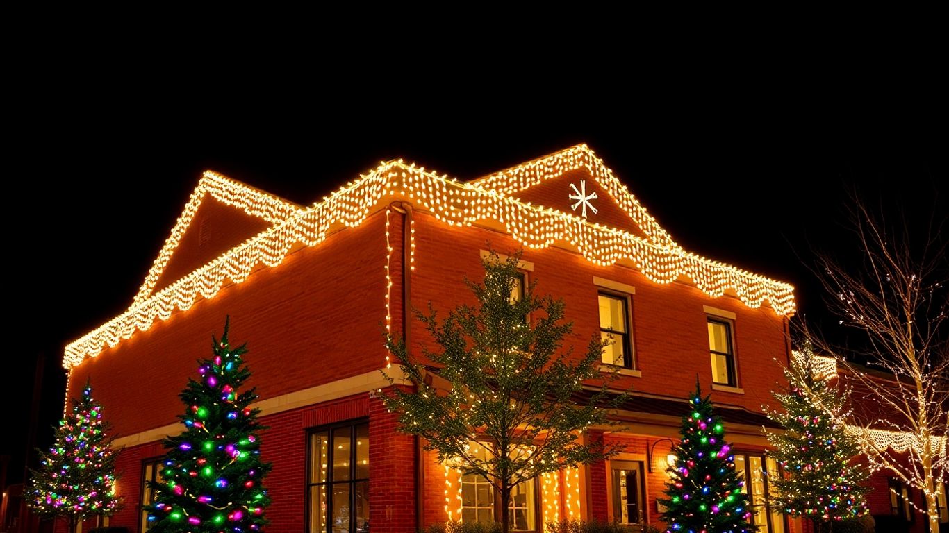 Commercial Christmas lights on a Dardenne Prairie building at night.